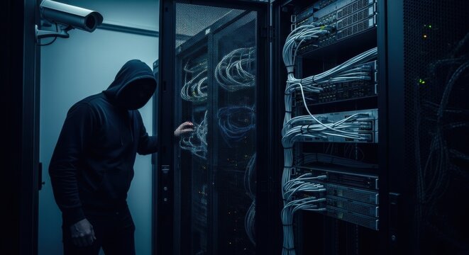 Full view of a man, possibly a cybercriminal or hacker, trying to access a data server rack in a dark server room. Data breach concept.