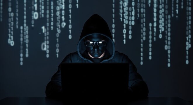A man in a black mask and hoodie uses a laptop against a background of binary code. Internet crime and hacker attack concept.