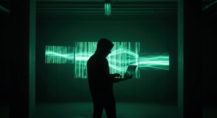 Silhouetted man, a hacker, uses a laptop in a dark room with green digital code and light rays in the background. Cyber attack.