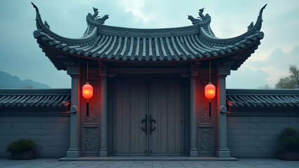 Fototapeta premium Ornate Gray Stone Gate with Red Lanterns and Traditional Chinese Architecture
