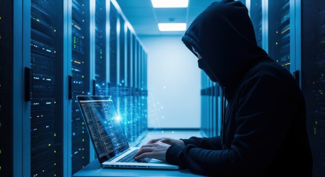 Male hacker in a dark hoodie using a laptop in a data server room. Concept of cyberattack, internet crime, and data breach. - Powered by Adobe