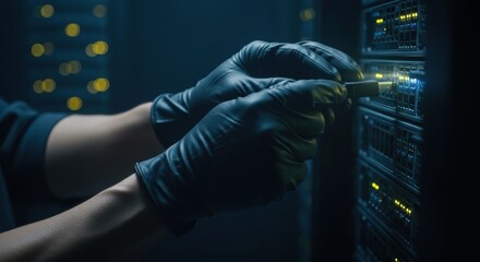 Person wearing glove inserting usb stick into server. Data theft or cyber attack concept for information security.