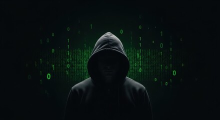 Dark silhouette of a male hacker in a hood on a background of abstract green binary code data flow. Cybersecurity concept for crime scene.