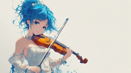 Anime girl with vibrant blue hair plays violin