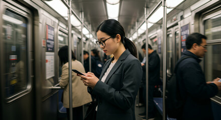 Young businesswoman using her mobile phone on the subway during her commute