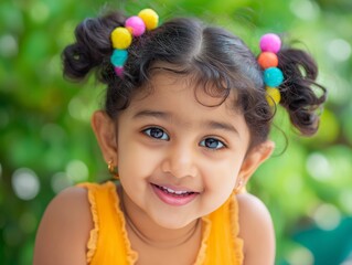 Little girl portrait with colorful ball hairpins: Twin tails, sunshine-yellow clothing against soft green background, radiating playful innocence and vibrant charm for kid-focused art, parenting conte