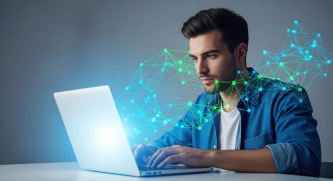 Man using laptop with glowing network lines. Cybersecurity and hacker attack. Data protection and digital security concept for internet technology. - Powered by Adobe