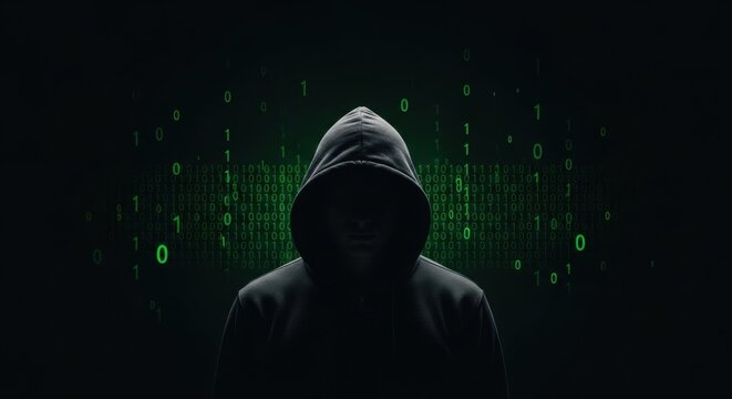 Dark silhouette of a male hacker in a hood on a background of abstract green binary code data flow. Cybersecurity concept for crime scene.