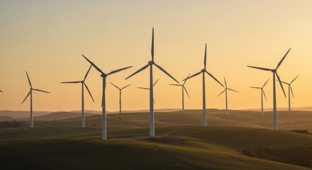 Scenic Landscape with Multiple Wind Turbines Generating Clean Energy at Sunset