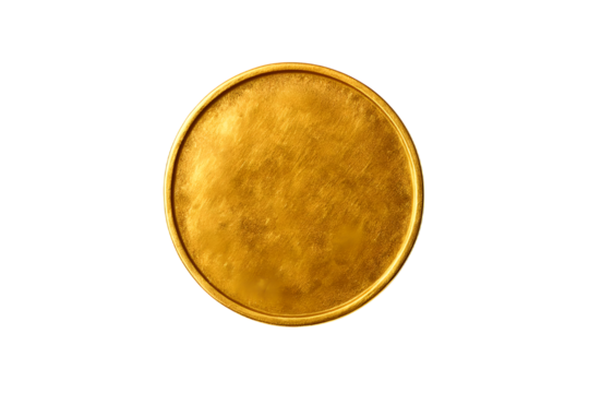 Golden empty coin with worn surface Isolated on transparent