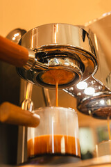 Close up of Espresso machine making an fresh espresso with a portafilter.
