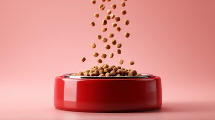 Crunchy pet kibble pouring into red bowl against pink background