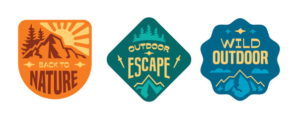 Nature wild badges collection. Patch, stickers, logos design vintage outdoor camping.