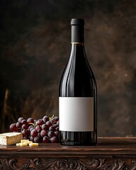 wine bottle mockup on wooden table baroque illustration of wine bottle on carved antique table with grapes and cheese, dramatic chiaroscuro lighting and rich detail