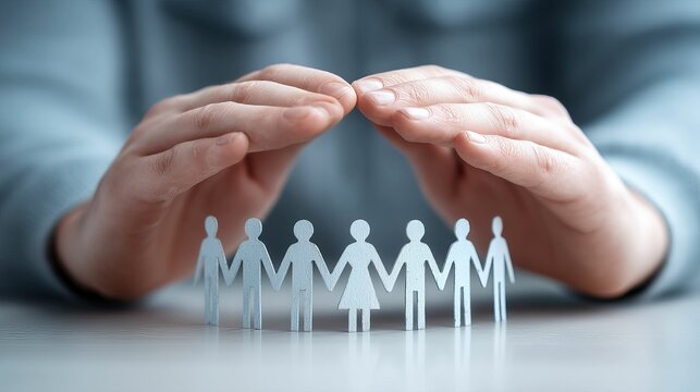 Hands sheltering paper cutouts of people stand on a white table