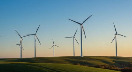 Serene Sunset Landscape with Rows of Modern Wind Turbines Generating Clean Energy