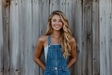 Fototapeta premium Cheerful Blond Woman in Overalls Posing by Rustic Barn with Wooden Walls