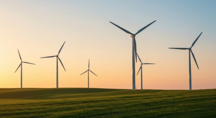 Scenic Sunset View of Wind Turbines in a Lush Green Field Generating Clean Energy