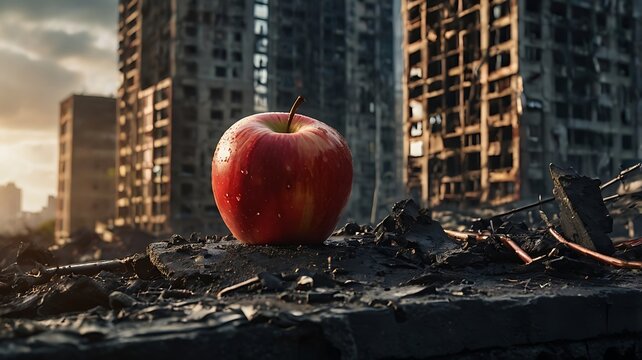 Ultra high resolution 8K image of a single perfectly ripe, vibrant red apple with glossy, flawless skin and natural reflection, positioned prominently in the foreground. The background features a dest