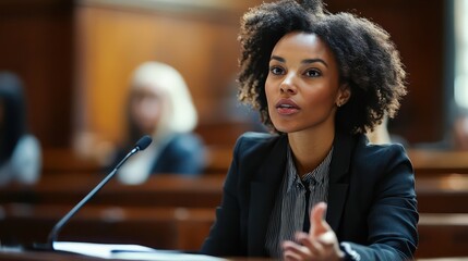 Confident African American Woman Testifying in Courtroom with Microphone