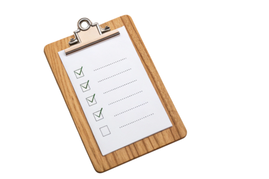 Wooden clipboard checklist to do list isolated on transparent background