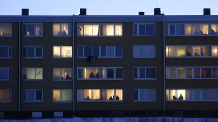 Evening lights in apartment building with silhouetted residents in urban setting