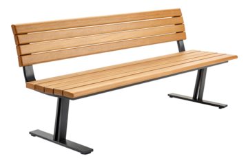 Modern wooden park bench with black metal legs isolated on transparent background