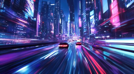 Futuristic city street at night with vibrant neon lights and motion blur
