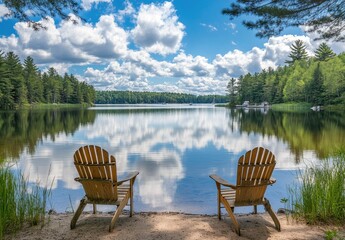 Two wooden Adirondack chairs on a lakeshore, peaceful view