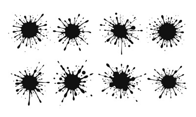 Set of blots, ink splashes. Abstract blot, liquid paint, blotter stains, drip splash, spray. Black drops of paint, oil, ink. Vector liquid silhouettes