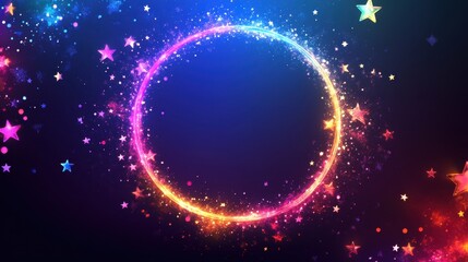 Modern Circular Neon Glow Frame with Sparkling Stars on an Abstract Background