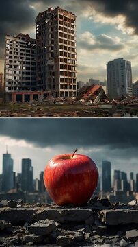 Ultra high resolution 8K image of a single perfectly ripe, vibrant red apple with glossy, flawless skin and natural reflection, positioned prominently in the foreground. The background features a dest