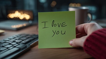 Hand holding green note with 'i love you' text near keyboard in cozy office setting