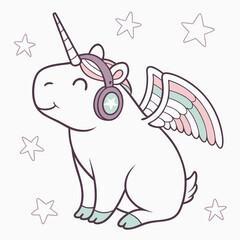 Whimsical Capybara feeling Amused in a Unicorn Dreams setting with wearing headphones – colored in Unicorn Dreams