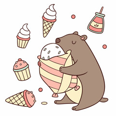 Whimsical Capybara feeling Playful in a Ice cream party setting with hugging a pillow – colored in Scoops & Swirls