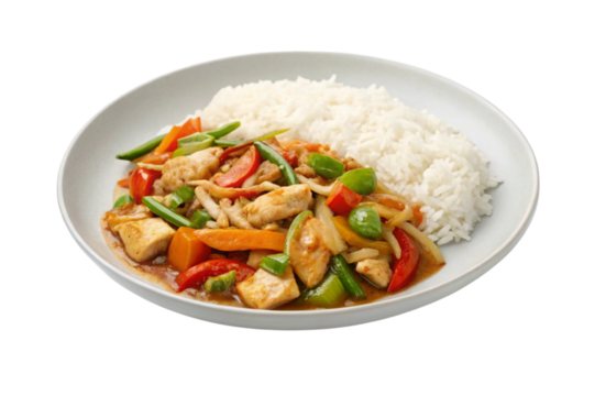Delicious chicken stir fry with rice isolated on transparent background