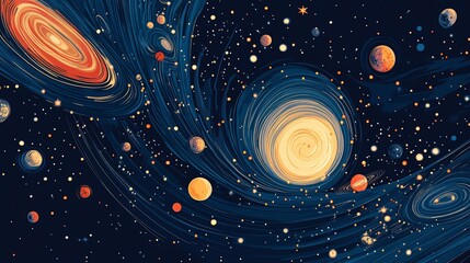 Artistic, swirling depiction of cosmic nebulae and planets in deep blue & orange, bright stars scattered throughout
