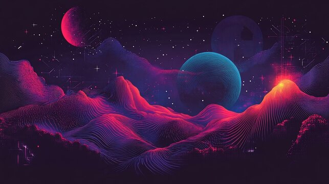 Neon terrain with glowing planets, starry sky, pixelated mountains, digital feel