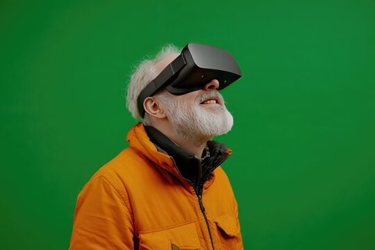 Elderly man wearing VR headset, experiencing virtual reality against a green screen.  Smiling, looking upward - Powered by Adobe