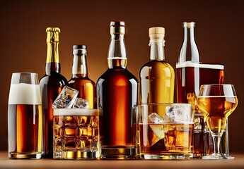 Various alcoholic beverages in bottles and glasses, with ice