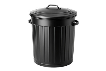 Black metal trash can with lid isolated on transparent background