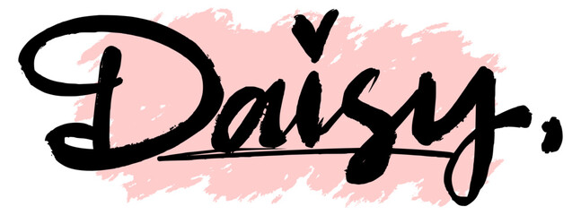 Handwritten black graffiti name “Daisy” with pink splatter background. Feminine and trendy name tag perfect for streetwear prints, digital stickers, and urban design.