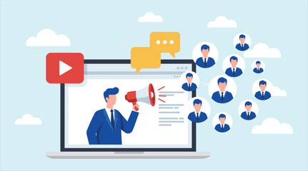 Video Marketing and Audience Engagement: Businessman Announcing Messages, Reaching Customers, and Driving Online Communication with Digital Campaigns.