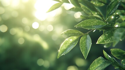 Obraz premium A blurred nature background with green leaves and sunshine bokeh 