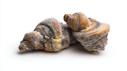 Two moldy croissants on white background