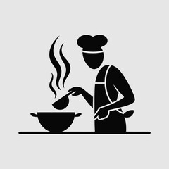 Black Silhouette of Chef Cooking in a Wok with Steam Rising Simple Minimalist Icon image