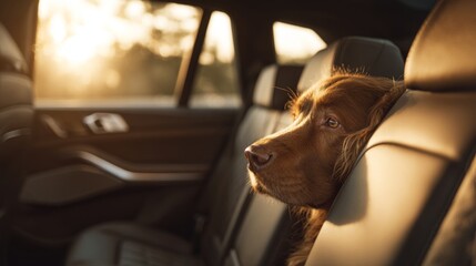 Golden retriever relaxing in car during sunset drive