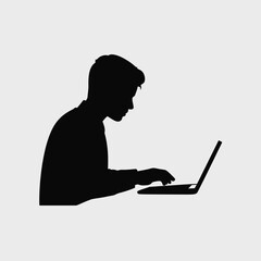Black Silhouette of Person Typing on Laptop Computer Light Gray Background Office Worker Side Profile