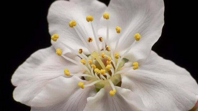Delicate White Blossom with Yellow Stamens Against a Dark Background Video