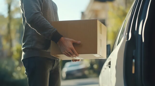 Courier Service: Delivery Person Handing Over Cardboard Box from Vehicle Trunk to Customers in Everyday Life